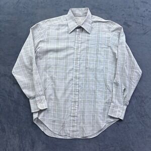Vintage Sears Golden Comfort Plaid Dress Shirt Tan Blue White Perma Prest L/S